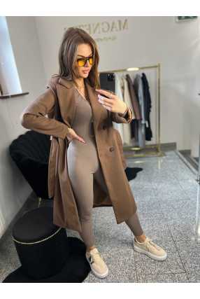 NB215 Elegancki Płaszcz Wiosenny z paskiem Czekolada