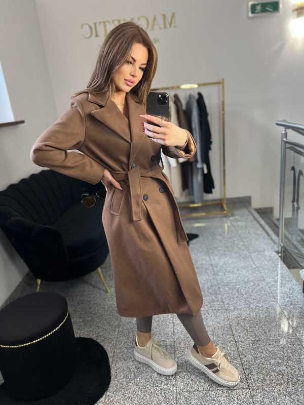 NB215 Elegancki Płaszcz Wiosenny z paskiem Czekolada