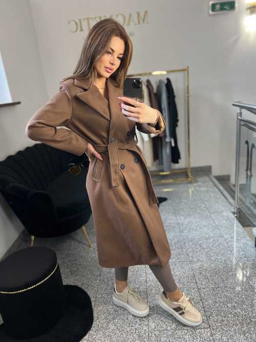 NB215 Elegancki Płaszcz Wiosenny z paskiem Czekolada