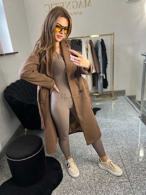 NB215 Elegancki Płaszcz Wiosenny z paskiem Czekolada