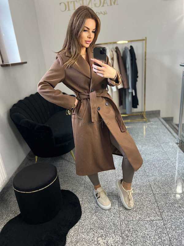 NB215 Elegancki Płaszcz Wiosenny z paskiem Czekolada