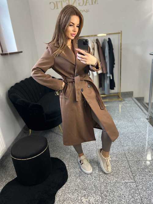 NB215 Elegancki Płaszcz Wiosenny z paskiem Czekolada