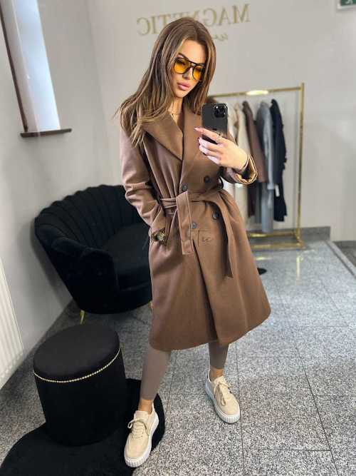 NB215 Elegancki Płaszcz Wiosenny z paskiem Czekolada