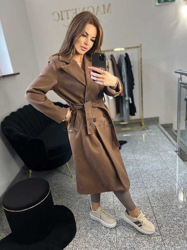 NB215 Elegancki Płaszcz Wiosenny z paskiem Czekolada