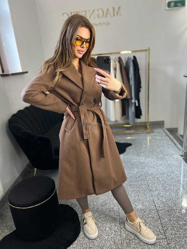 NB215 Elegancki Płaszcz Wiosenny z paskiem Czekolada