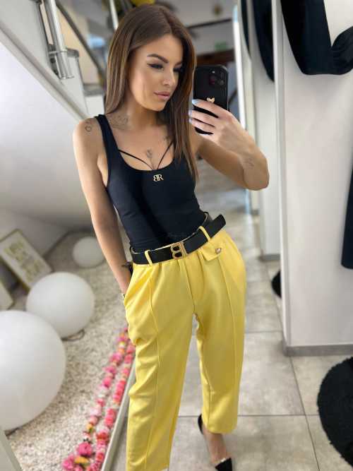 CH112 Spodnie Damskie na Kant z Paskiem Wiskoza Masełko Żółte