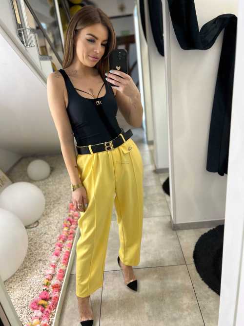CH112 Spodnie Damskie na Kant z Paskiem Wiskoza Masełko Żółte