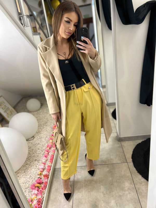 CH112 Spodnie Damskie na Kant z Paskiem Wiskoza Masełko Żółte