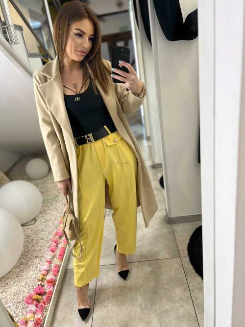 CH112 Spodnie Damskie na Kant z Paskiem Wiskoza Masełko Żółte