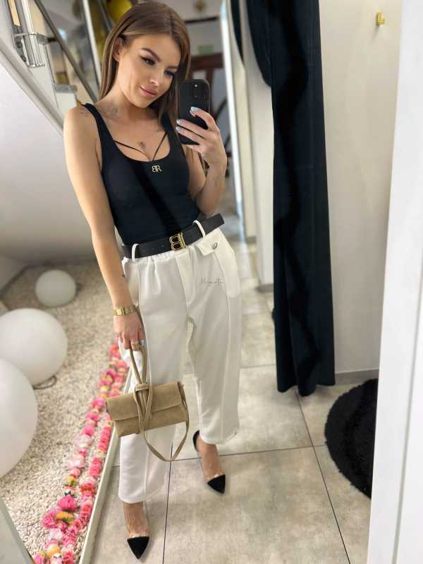 CH212 Spodnie Damskie na Kant z Paskiem Wiskoza Masełko Białe