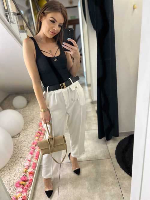 CH212 Spodnie Damskie na Kant z Paskiem Wiskoza Masełko Białe