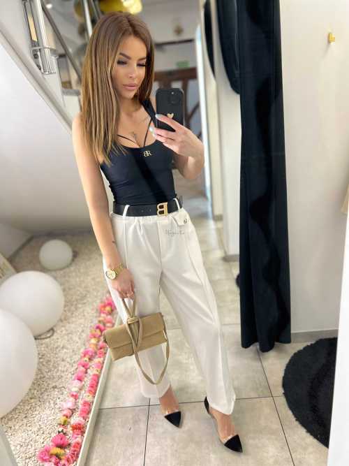 CH212 Spodnie Damskie na Kant z Paskiem Wiskoza Masełko Białe