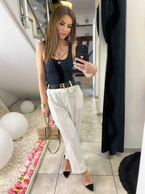 CH212 Spodnie Damskie na Kant z Paskiem Wiskoza Masełko Białe