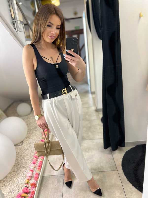 CH212 Spodnie Damskie na Kant z Paskiem Wiskoza Masełko Białe