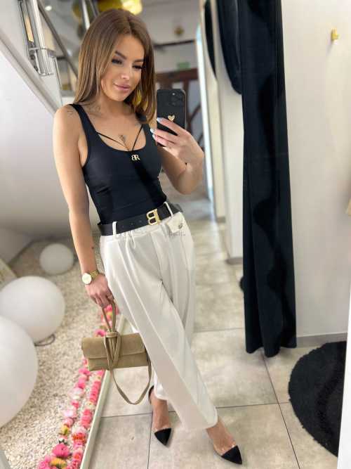 CH212 Spodnie Damskie na Kant z Paskiem Wiskoza Masełko Białe