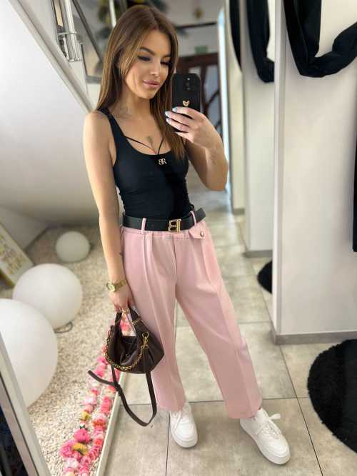 CH212 Spodnie Damskie na Kant z Paskiem Wiskoza Masełko Pudrowy Róż