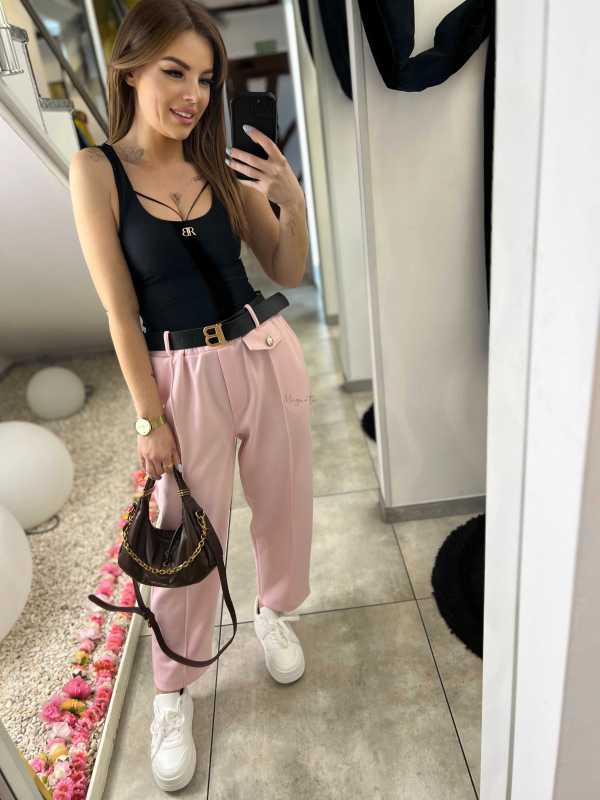 CH212 Spodnie Damskie na Kant z Paskiem Wiskoza Masełko Pudrowy Róż