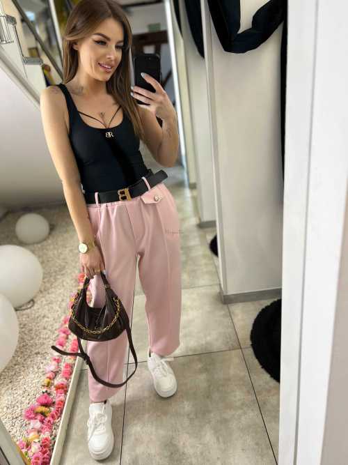 CH212 Spodnie Damskie na Kant z Paskiem Wiskoza Masełko Pudrowy Róż