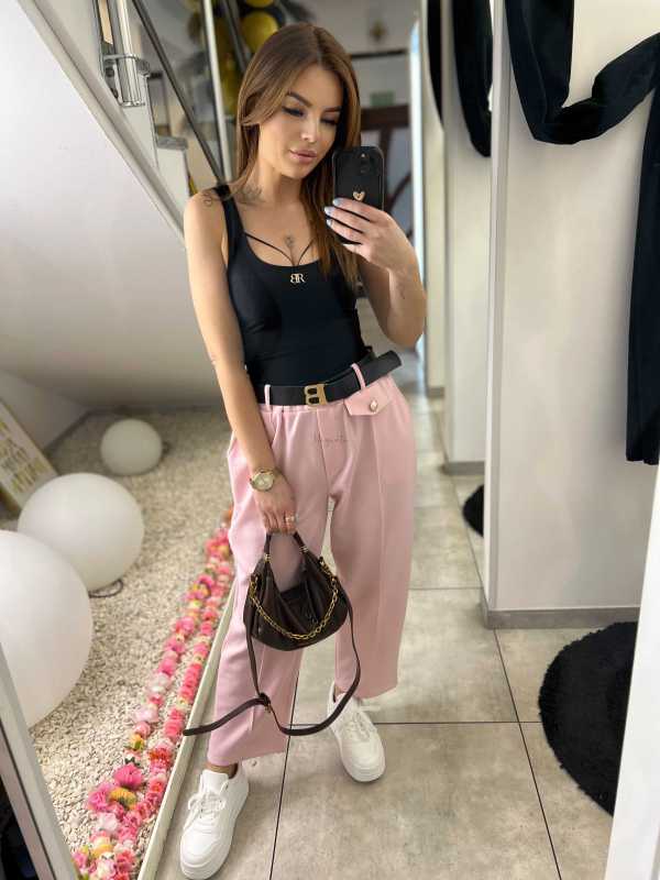 CH212 Spodnie Damskie na Kant z Paskiem Wiskoza Masełko Pudrowy Róż