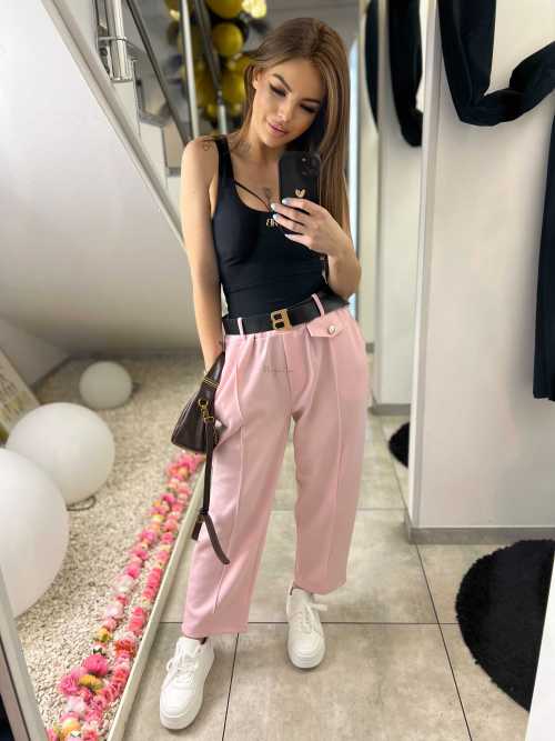 CH212 Spodnie Damskie na Kant z Paskiem Wiskoza Masełko Pudrowy Róż