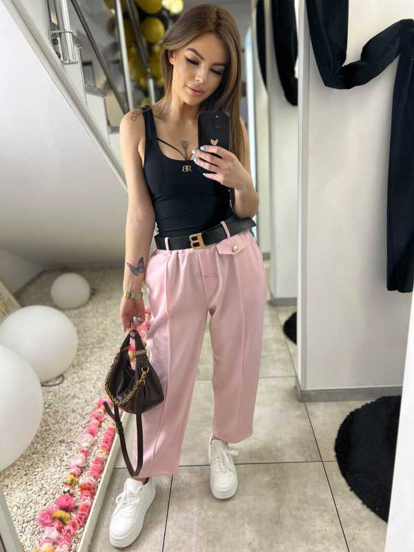 CH212 Spodnie Damskie na Kant z Paskiem Wiskoza Masełko Pudrowy Róż