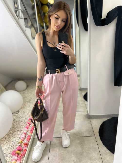 CH212 Spodnie Damskie na Kant z Paskiem Wiskoza Masełko Pudrowy Róż