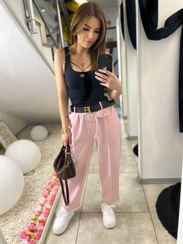 CH212 Spodnie Damskie na Kant z Paskiem Wiskoza Masełko Pudrowy Róż