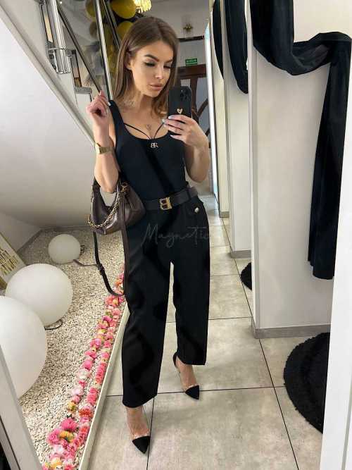 CH212 Spodnie Damskie na Kant z Paskiem Wiskoza Masełko Czarne