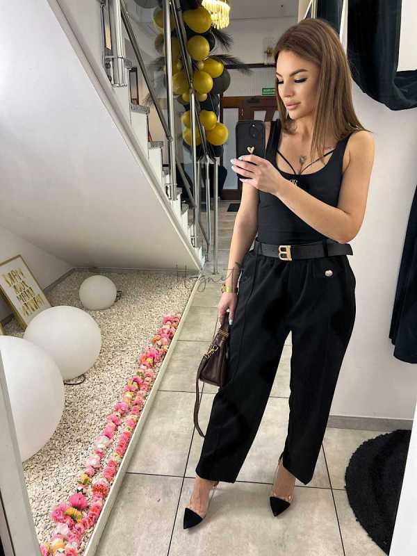 CH212 Spodnie Damskie na Kant z Paskiem Wiskoza Masełko Czarne