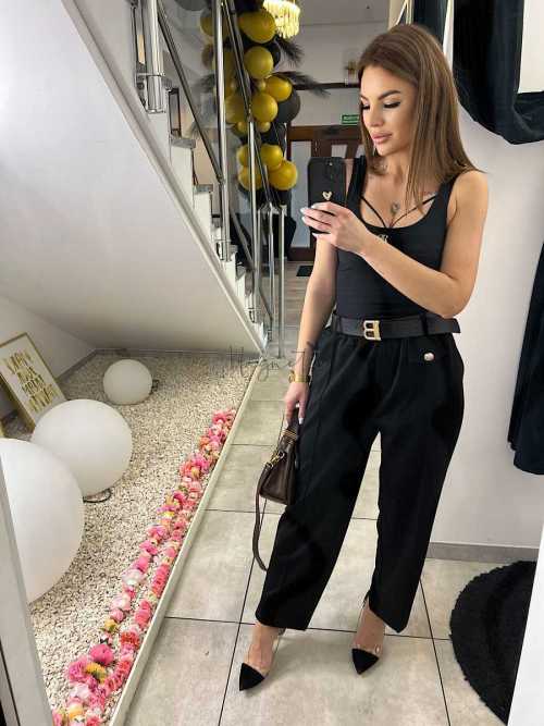 CH212 Spodnie Damskie na Kant z Paskiem Wiskoza Masełko Czarne