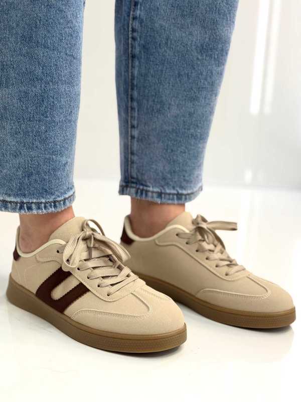 B319 Sneakersy Damskie Trampki W Stylu Retro– Modne Buty Sportowe z Paskami Ekoskóra Beż + Brąz