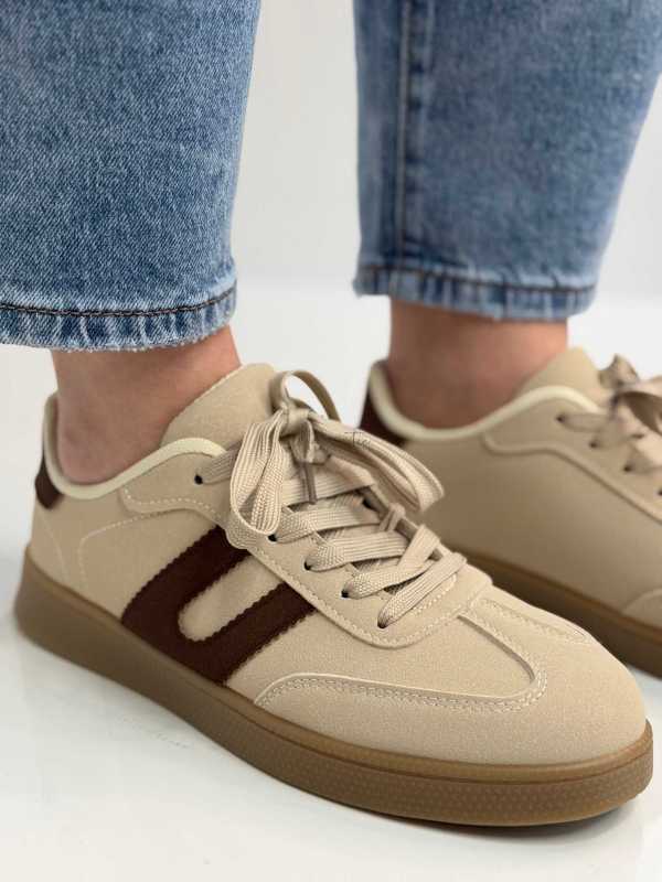 B319 Sneakersy Damskie Trampki W Stylu Retro– Modne Buty Sportowe z Paskami Ekoskóra Beż + Brąz