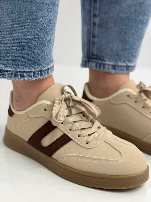 B319 Sneakersy Damskie Trampki W Stylu Retro– Modne Buty Sportowe z Paskami Ekoskóra Beż + Brąz
