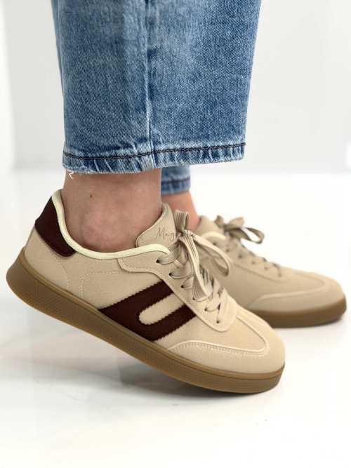 B319 Sneakersy Damskie Trampki W Stylu Retro– Modne Buty Sportowe z Paskami Ekoskóra Beż + Brąz
