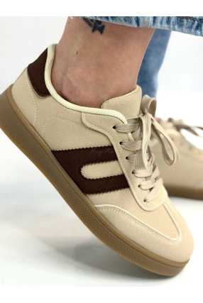 B319 Sneakersy Damskie Trampki W Stylu Retro– Modne Buty Sportowe z Paskami Ekoskóra Beż + Brąz