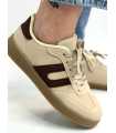 B319 Sneakersy Damskie Trampki W Stylu Retro– Modne Buty Sportowe z Paskami Ekoskóra Beż + Brąz