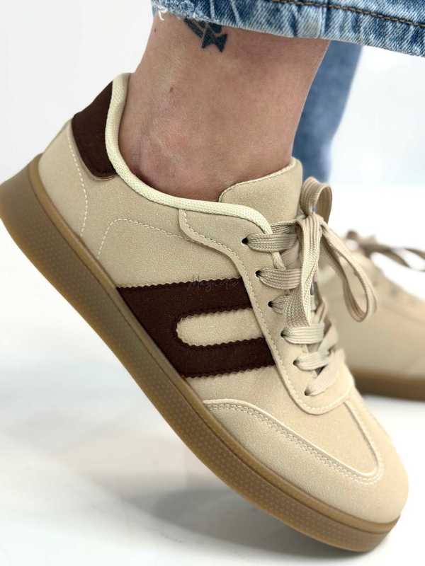 B319 Sneakersy Damskie Trampki W Stylu Retro– Modne Buty Sportowe z Paskami Ekoskóra Beż + Brąz