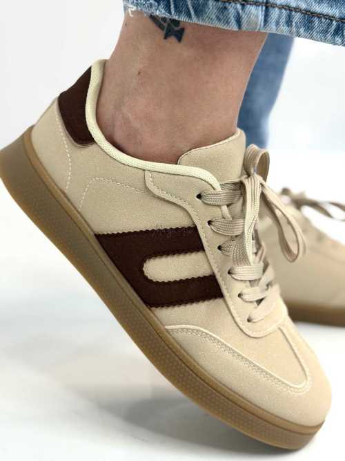 B319 Sneakersy Damskie Trampki W Stylu Retro– Modne Buty Sportowe z Paskami Ekoskóra Beż + Brąz
