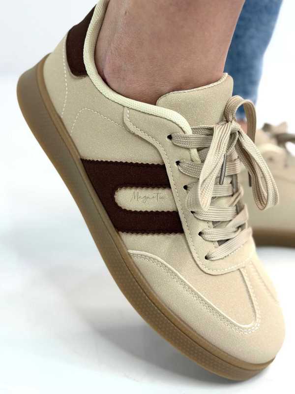 B319 Sneakersy Damskie Trampki W Stylu Retro– Modne Buty Sportowe z Paskami Ekoskóra Beż + Brąz