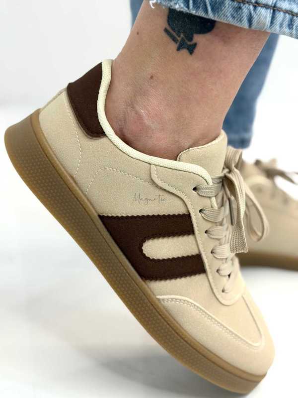 B319 Sneakersy Damskie Trampki W Stylu Retro– Modne Buty Sportowe z Paskami Ekoskóra Beż + Brąz