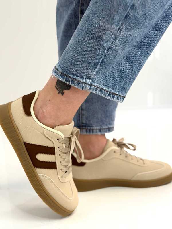 B319 Sneakersy Damskie Trampki W Stylu Retro– Modne Buty Sportowe z Paskami Ekoskóra Beż + Brąz