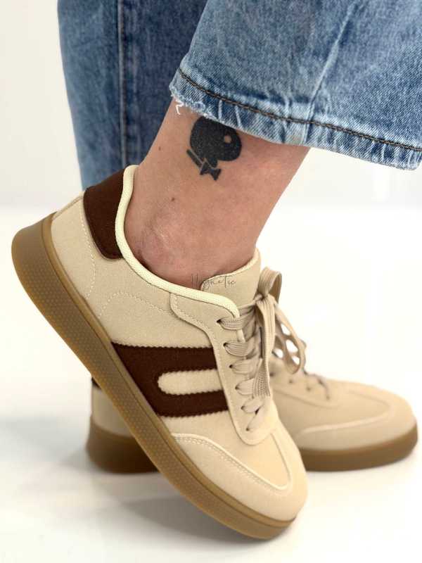 B319 Sneakersy Damskie Trampki W Stylu Retro– Modne Buty Sportowe z Paskami Ekoskóra Beż + Brąz
