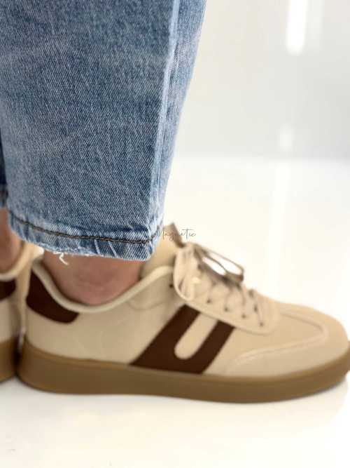 B319 Sneakersy Damskie Trampki W Stylu Retro– Modne Buty Sportowe z Paskami Ekoskóra Beż + Brąz
