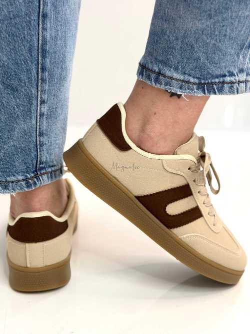 B319 Sneakersy Damskie Trampki W Stylu Retro– Modne Buty Sportowe z Paskami Ekoskóra Beż + Brąz