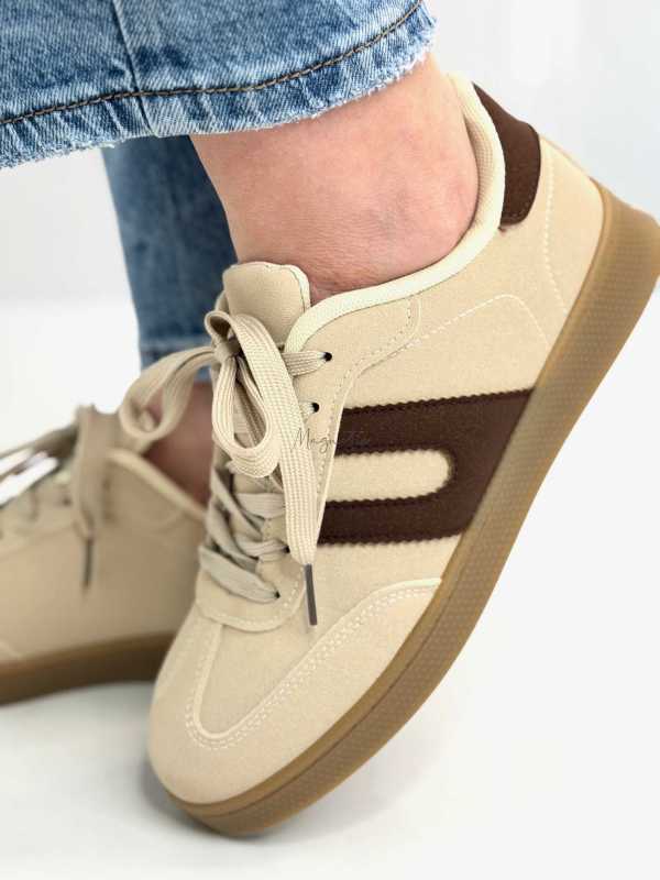 B319 Sneakersy Damskie Trampki W Stylu Retro– Modne Buty Sportowe z Paskami Ekoskóra Beż + Brąz