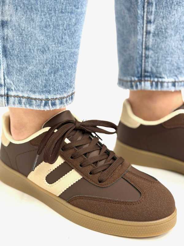 B319 Sneakersy Damskie Trampki W Stylu Retro– Modne Buty Sportowe z Paskami Ekoskóra Brąz + Beż
