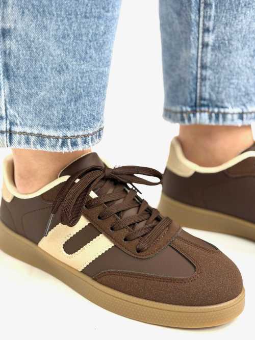 B319 Sneakersy Damskie Trampki W Stylu Retro– Modne Buty Sportowe z Paskami Ekoskóra Brąz + Beż