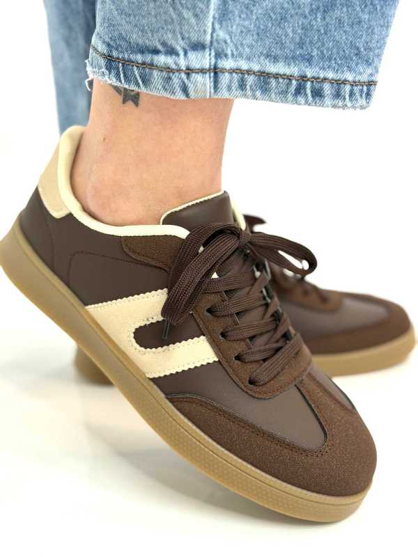 B319 Sneakersy Damskie Trampki W Stylu Retro– Modne Buty Sportowe z Paskami Ekoskóra Brąz + Beż