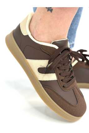 B319 Sneakersy Damskie Trampki W Stylu Retro– Modne Buty Sportowe z Paskami Ekoskóra Brąz + Beż