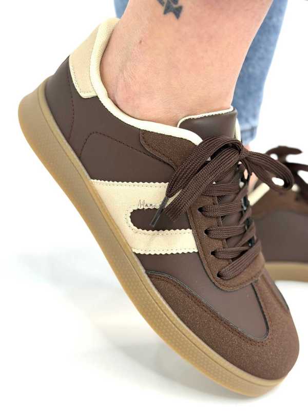 B319 Sneakersy Damskie Trampki W Stylu Retro– Modne Buty Sportowe z Paskami Ekoskóra Brąz + Beż